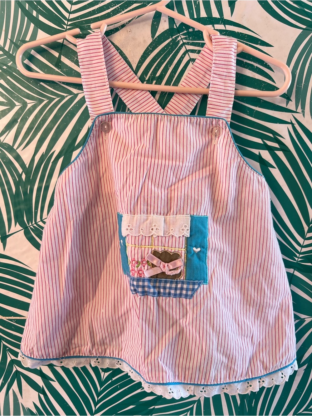Vintage Pink & White Striped Pinafore Dress with Pocket Applique Sz 12 months